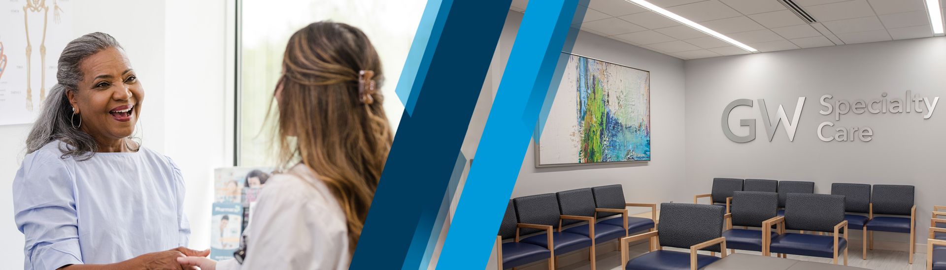 patient smiling at doctor, and the waiting area of the GW Specialty Care office