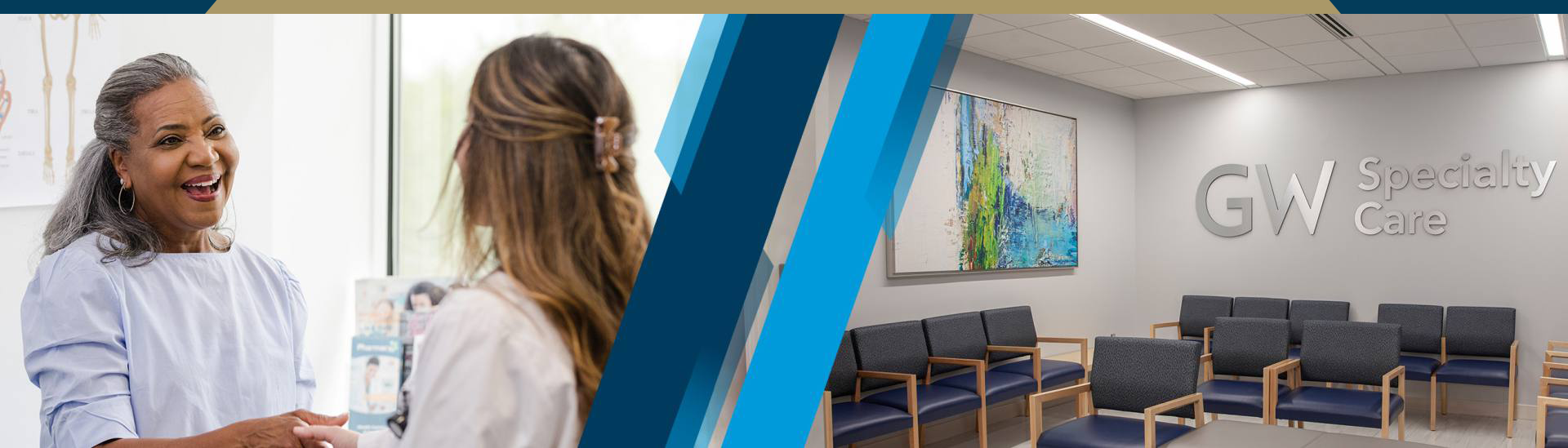 GW specialty care waiting room and a provider speaking to a happy patient